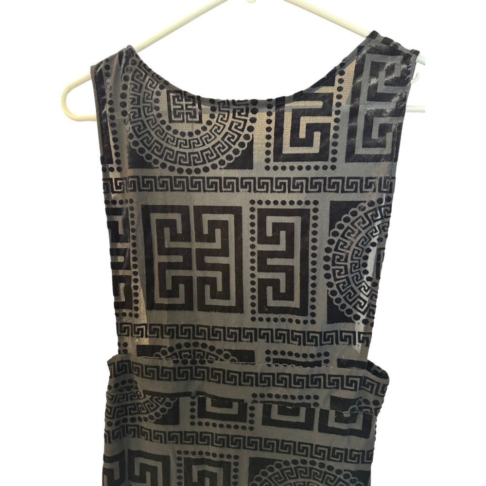 Black Velvet Burnout Greek Key Midi Sheer Stretch Dress Sleeveless Bodycon XS
